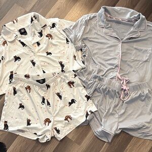 Born Two-Piece Pajama Set in White Cat Print & Light Gray with Pink Trim